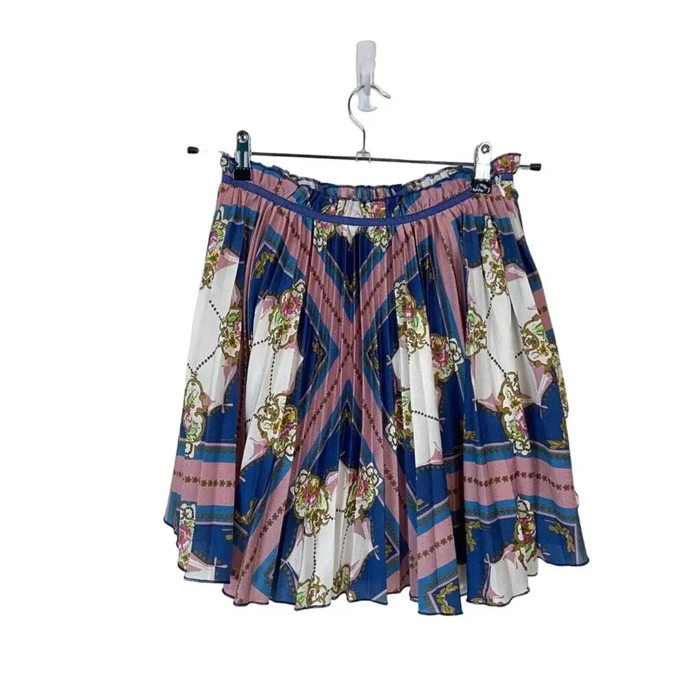 Preppy Pleated Skirt Scarf Print Lined Mini Skirt sz XS Pink Blue Retro Vibes